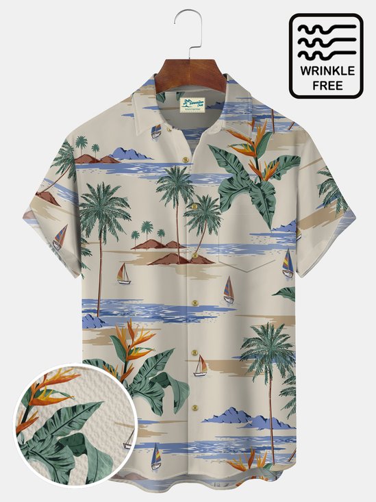 Royaura Vintage Khaki Island Coconut Tree Men's Hawaiian Shirts Wrinkle Free Seersucker Camp Pocket Shirts