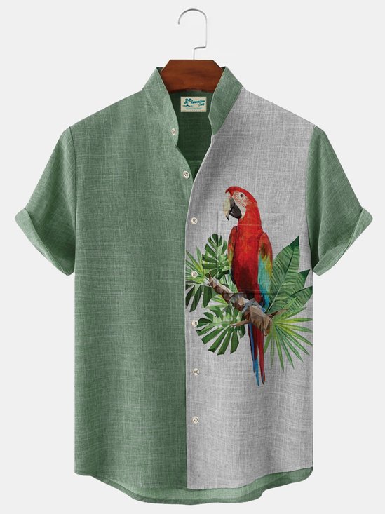 Royaura Hawaiian Parrot Contrast Print Men's Button Pocket Stand Collar Shirt