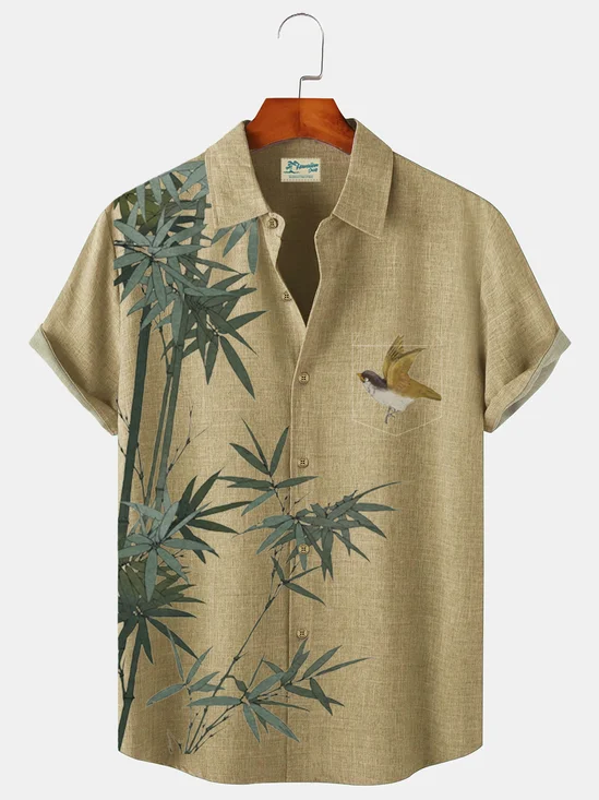 Royaura Plant Bird Elegant Style Print Beach Men's Hawaiian Oversized Shirt with Pockets