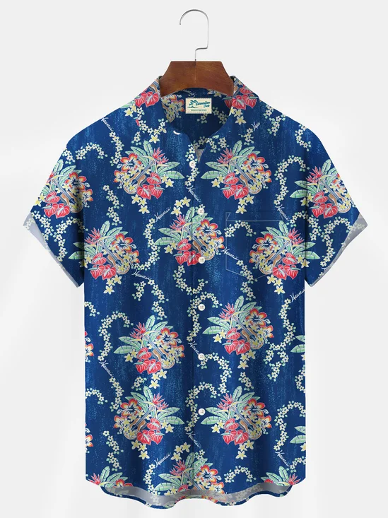 Royaura Hawaiian Floral Musical Instrument Print Men's Button Pocket Shirt