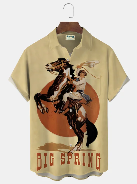 Royaura Vintage Western Riding Denim Print Men's Button Pocket Shirt