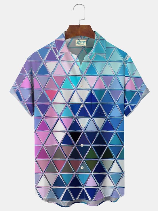 Royaura Geometric Color Block Gradient Print Men's Button Pocket Shirt