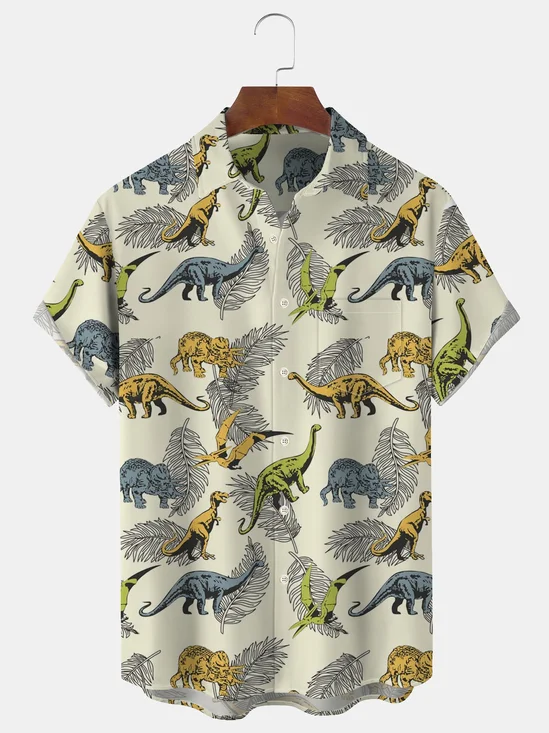 Royaura Hawaiian Dinosaur Plant Leaf Print Men's Button Pocket Shirt