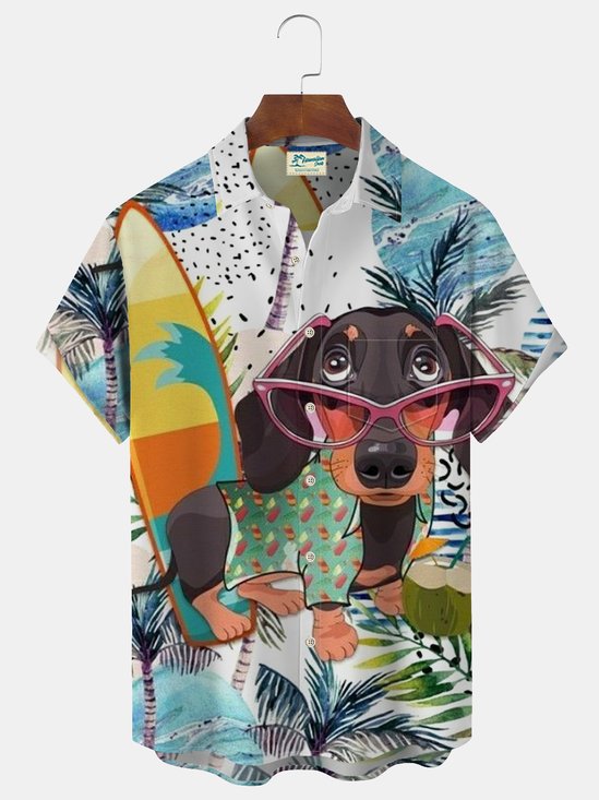 Royaura Funny Cute Dog Print Beach Men's Hawaiian Oversized Shirt With Pocket