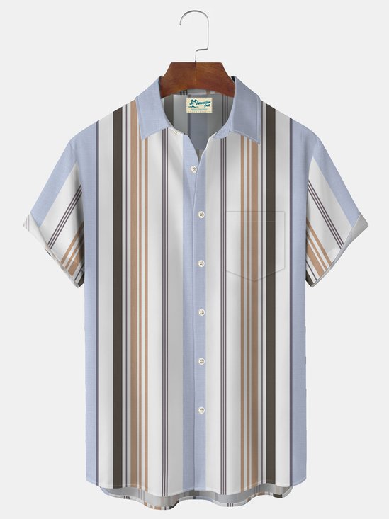 Royaura Vintage Stripe Bowling Print Men's Button Pocket Shirt