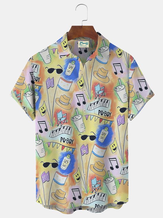 Royaura Music Note Gradient Print Beach Men's Hawaiian Oversized Shirt With Pocket
