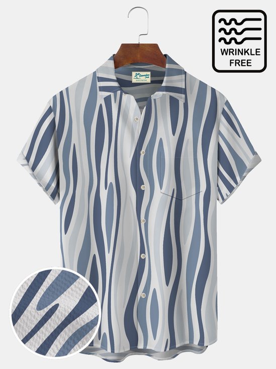 Royaura Holiday Light Blue Casual Wrinkle Free Seersucker Stripe Men's Shirts Stretch Aloha Camp Pocket Shirts