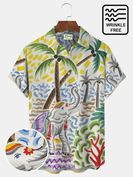 Royaura Beach Holiday Yellow Men's Hawaiian Shirts Coconut Tree Elephant Wrinkle Free Seersucker Aloha Pocket Camp Shirts