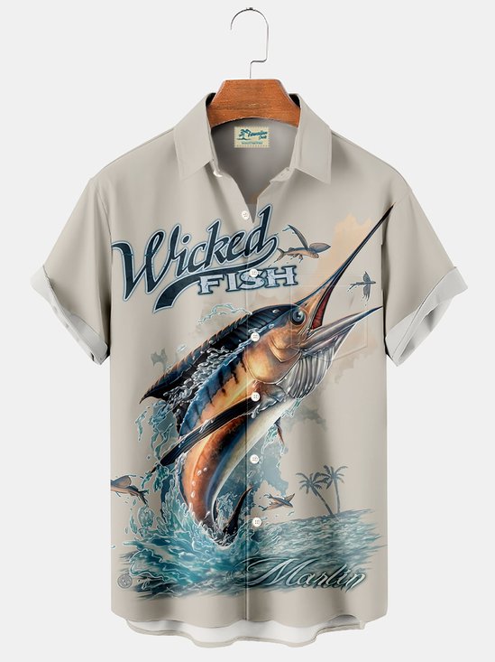 Royaura Hawaiian Swordfish Sailfish Print Men's Button Down Pocket Shirt