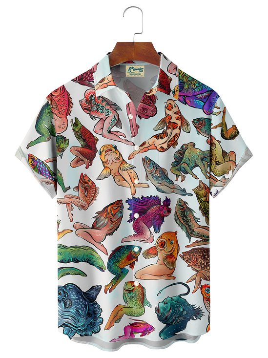 Royaura Men's Button Down Pocket Shirt with Hawaiian Frog Print