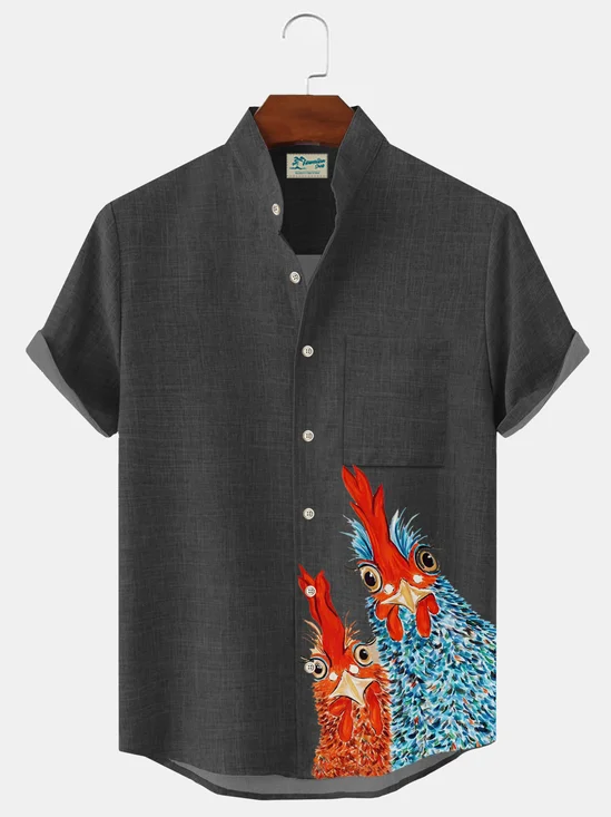 Royaura Basic Rooster Print Men's Stand Collar Button Pocket Shirt