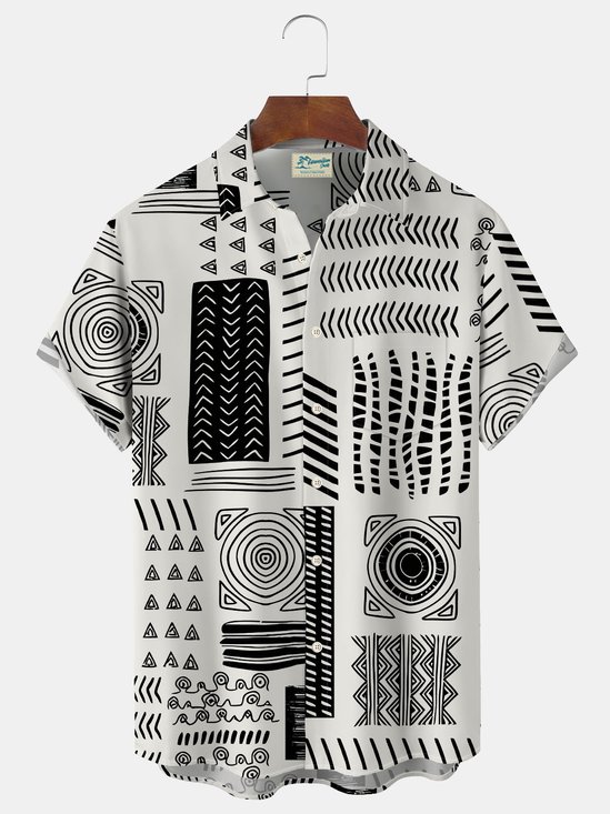 Royaura Vintage Geometric Ethnic Print Men's Button Pocket Shirt