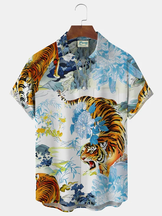 Royaura Hawaiian Tiger Floral Print Men's Button Pocket Shirt