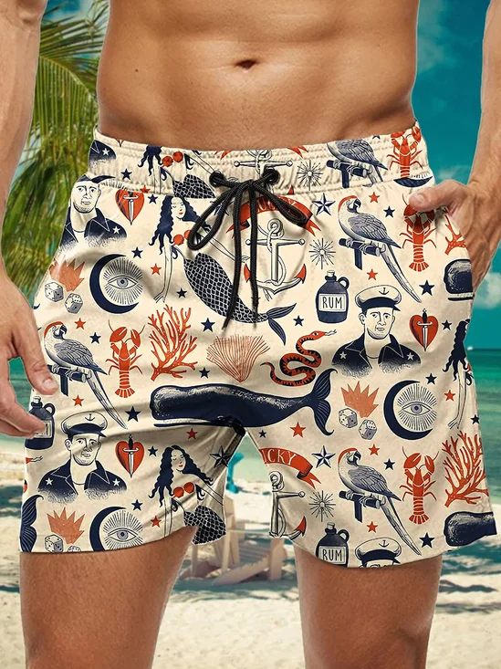 Royaura Hawaiian Nautical Sailor Print Men's Beach Trunks Swim Trunks