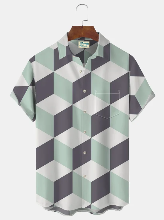 Royaura 3D Geometric Print Beach Men's Hawaiian Oversized Pocket Shirt