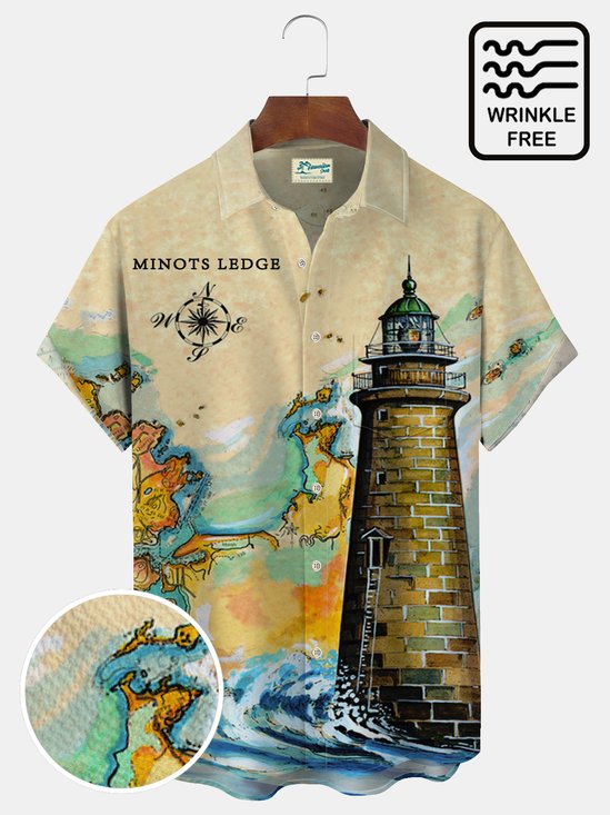 Royaura 50's Vintage Nautical Men's Hawaiian Shirts Lighthouse Art Seersucker Wrinkle Free Camp Shirts