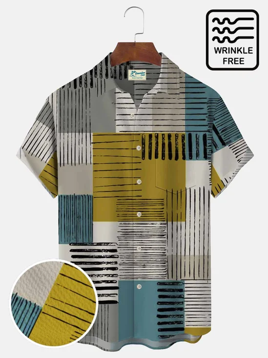 Royaura Vintage Mid-Century Geometric Men's Aloha Shirts Color Block Art Seersucker Wrinkle Free Camp Pocket Shirts