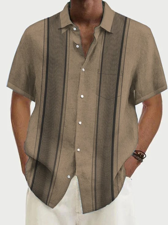 Men's Cotton Linen Striped Hawaiian Short Sleeve Shirt