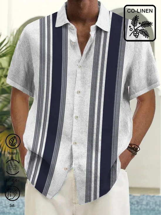 Royaura Vintage Bowling Stripe Basics Print Beach Men's Hawaiian Oversized Shirt With Pocket