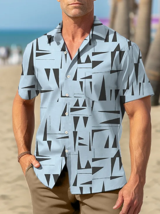 Royaura Geometric Print Beach Men's Hawaiian Oversized Pocket Shirt