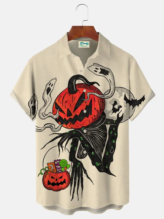 Royaura Halloween Pumpkin Print Beach Men's Hawaiian Oversized Pocket Shirt