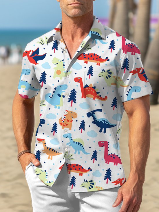 Royaura Dinosaur Print Beach Men's Hawaiian Oversized Shirt With Pocket