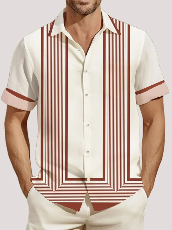 Royaura Vintage Bowling Stripe Print Men's Button Pocket Shirt