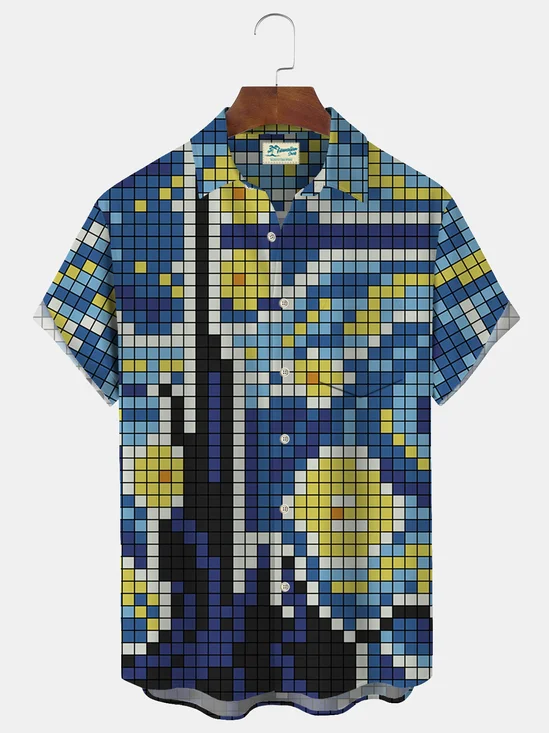 Royaura Art Cartoon Blue Men's Hawaiian Shirts Mosaic Stretch Plus Size Aloha Camp Pocket Shirts