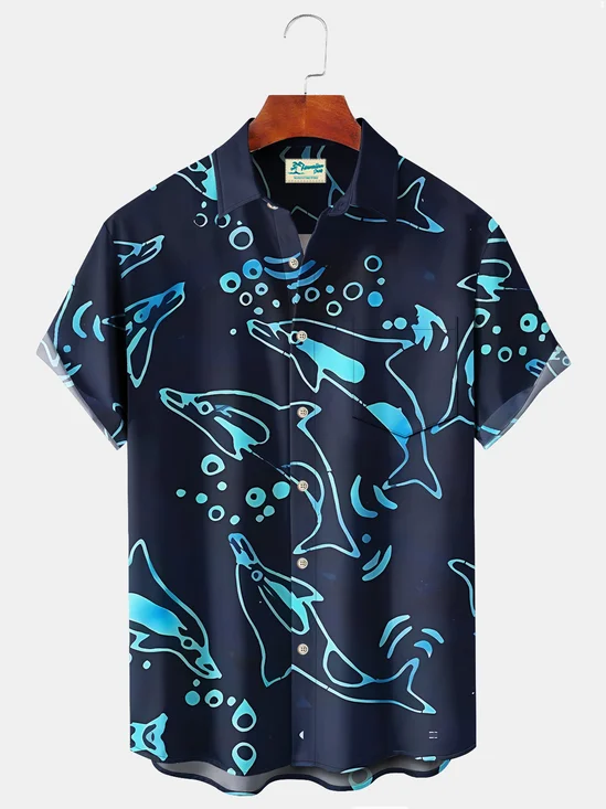 Royaura Beach Holiday Blue Men's Hawaiian Shirts Plus Size Stretch Wrinkle Free Aloha Camp Casual Pocket Shirts