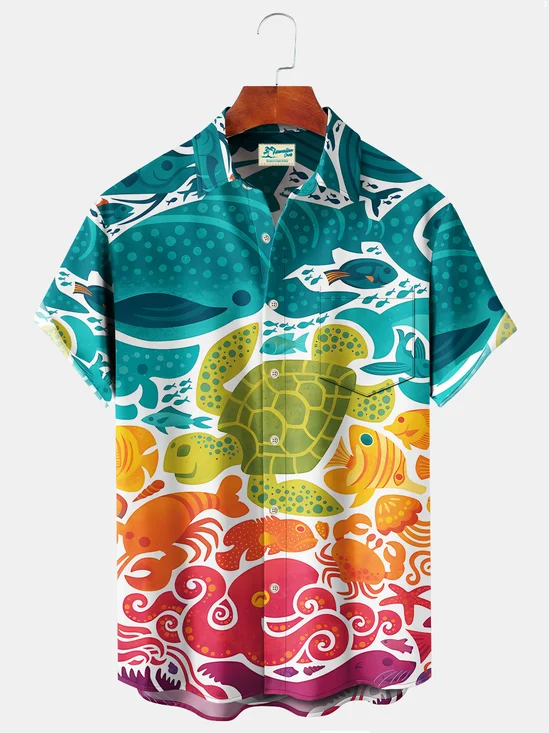 Royaura Beach Vacation Green Men's Hawaiian Shirts Turtle Art Stretch Plus Size Aloha Camp Shirts