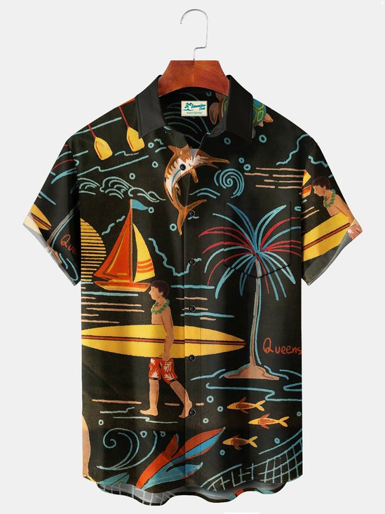 Royaura Beach Vacation Men's Black Hawaiian Shirt Surf Art Cartoon Stretch Plus Size Aloha Camp Shirts