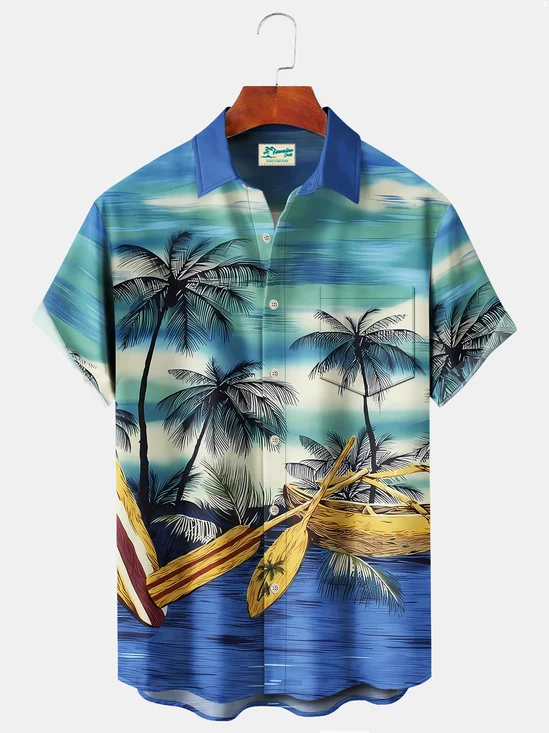 Royaura Beach Vacation Blue Men's Hawaiian Coconut Surfboard Shirts Stretch Oversized Aloha Camping Pocket Shirts
