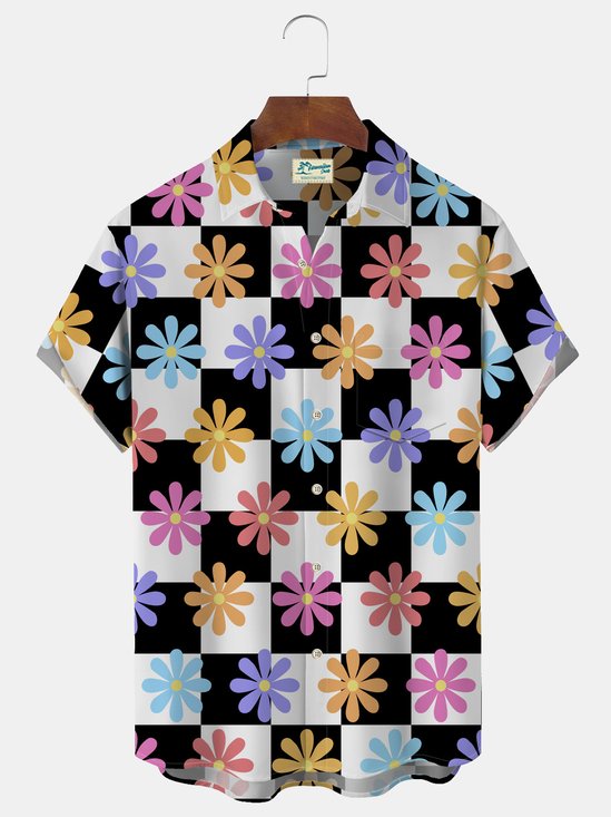 Royaura Beach Summer Casual Holiday Men's Hawaiian Shirts Checkerboard Colorful Sunflower Floral Art Aloha Camp Pocket Shirts