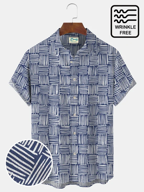 Royaura Vintage Casual Plaid Art Men's Aloha Pocket Shirts Art Stretch Seersucker Wrinkle-Free Camp Shirts