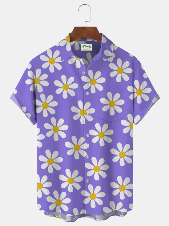 Royaura Holiday Casual Purple Men's Hawaiian Floral Shirts Cartoon Sunflower Stretch Oversized Aloha Camp Pocket Shirts