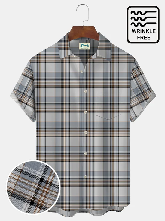 Royaura Casual Khaki Check Men's Seersucker Shirts Wrinkle Free Plus Size Stretch Aloha Pocket Camp Shirts