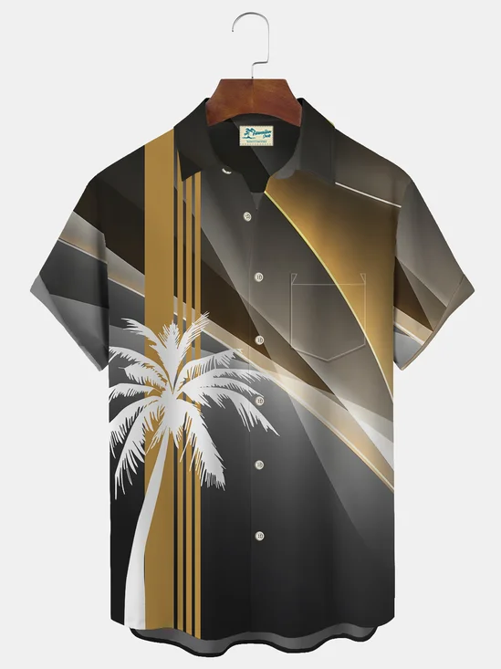 Royaura Vintage Bowling Coconut Tree Print Beach Men's Hawaiian Oversized Pocket Shirt