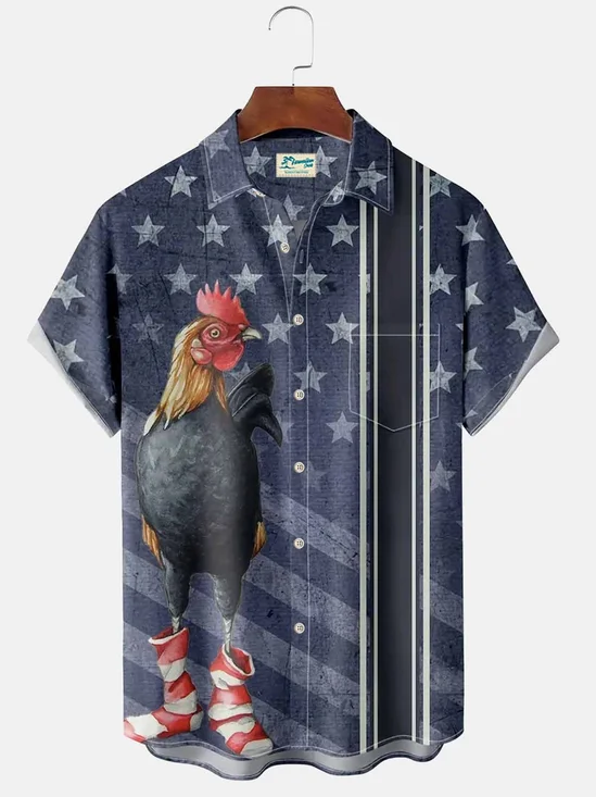 Royaura Holiday American Flag Blue Men's Hawaiian Shirts Cartoon Rooster Art Stretch Plus Size Aloha Camp Pocket Shirts