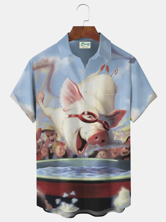 Royaura Flying Pig Funny Print Beach Men's Hawaiian Oversized Shirt With Pocket
