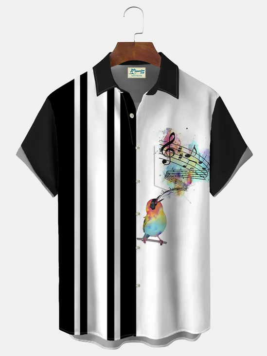 Royaura Men's Music Bird Watercolor Print Casual Short Sleeve Hawaiian Shirt