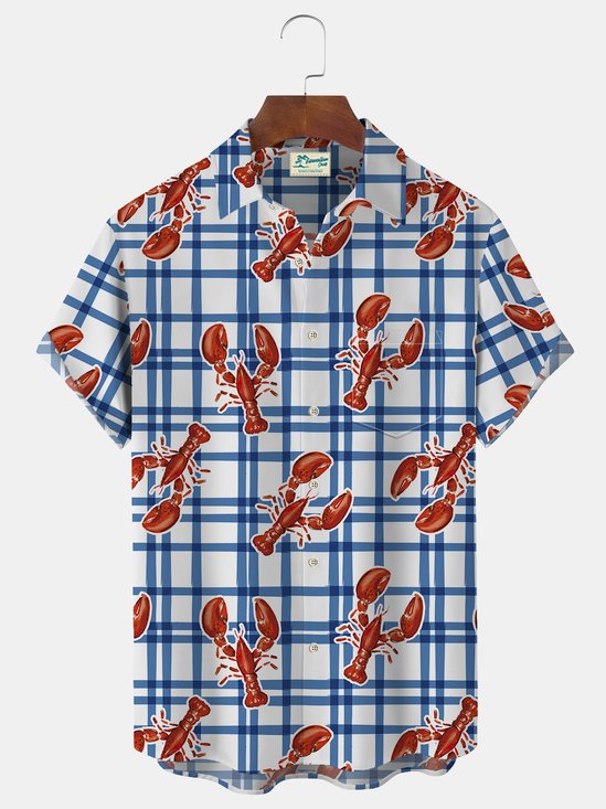Royaura Plaid Lobster Print Beach Men's Hawaiian Oversized Shirt with Pockets