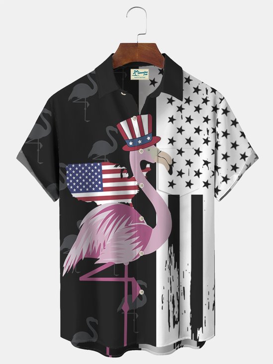 Royaura Flag Flamingo Color Print Beach Men's Hawaiian Oversized Shirt with Pockets