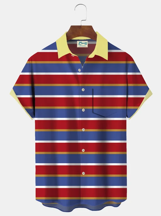 Royaura Contrast Stripe Print Beach Men's Hawaiian Oversized Shirt with Pockets