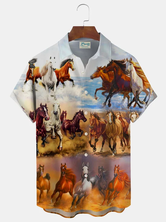 Royaura Vintage Horse Racing Print Men's Button Pocket Shirt