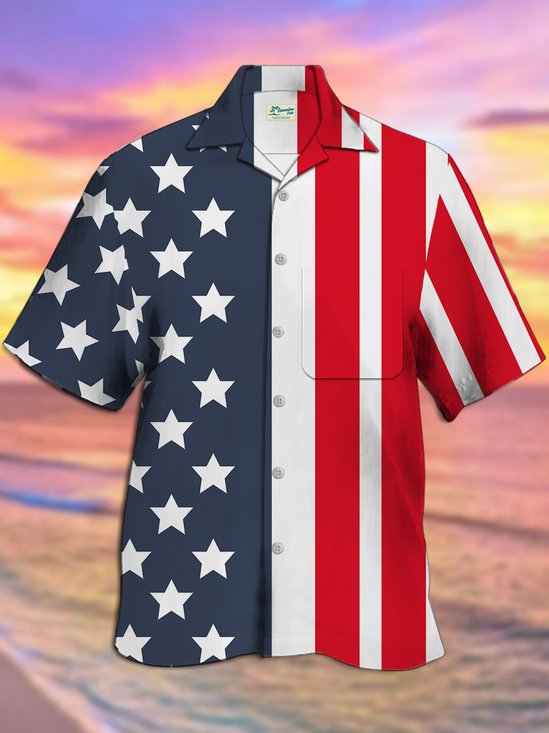 Royaura Vintage Flag Print Camp Collar Beach Men's Hawaiian Oversized Short Sleeve Shirt with Pockets