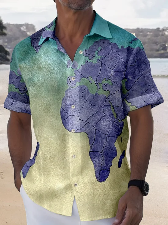 Royaura Gradient Island Map Print Beach Men's Hawaiian Oversized Shirt with Pockets