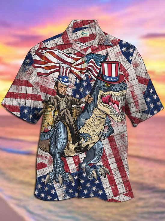 Royaura Vintage Flag Print Camp Collar Beach Men's Hawaiian Oversized Short Sleeve Shirt with Pockets