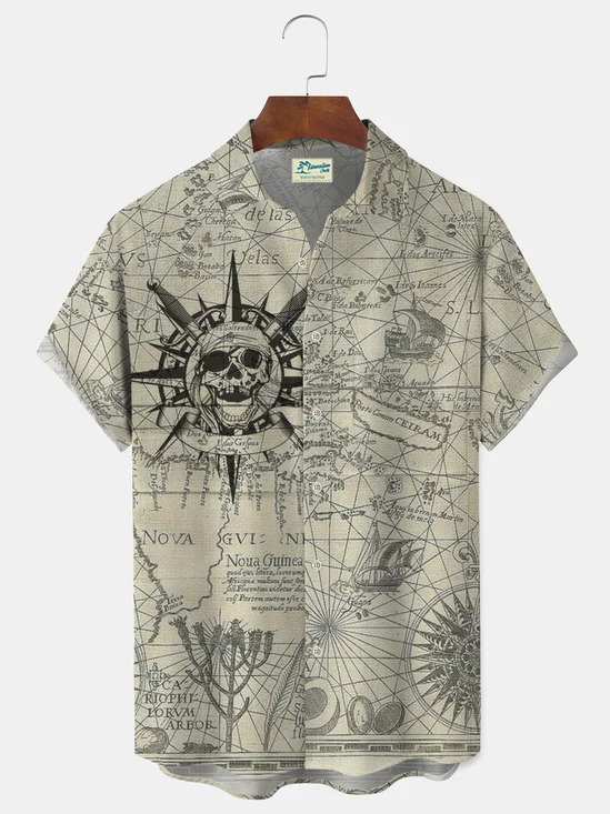 Royaura Print Beach Men's Pockets Map Shirt with Pockets