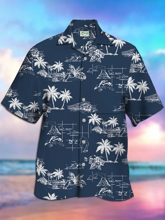 Royaura Coconut Tree Print Camp Collar Beach Men's Hawaiian Oversized Short Sleeve Shirt with Pockets