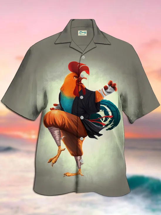 Royaura Vintage Kung Fu Rooster Print Camp Collar Beach Men's Hawaiian Oversized Short Sleeve Shirt with Pockets